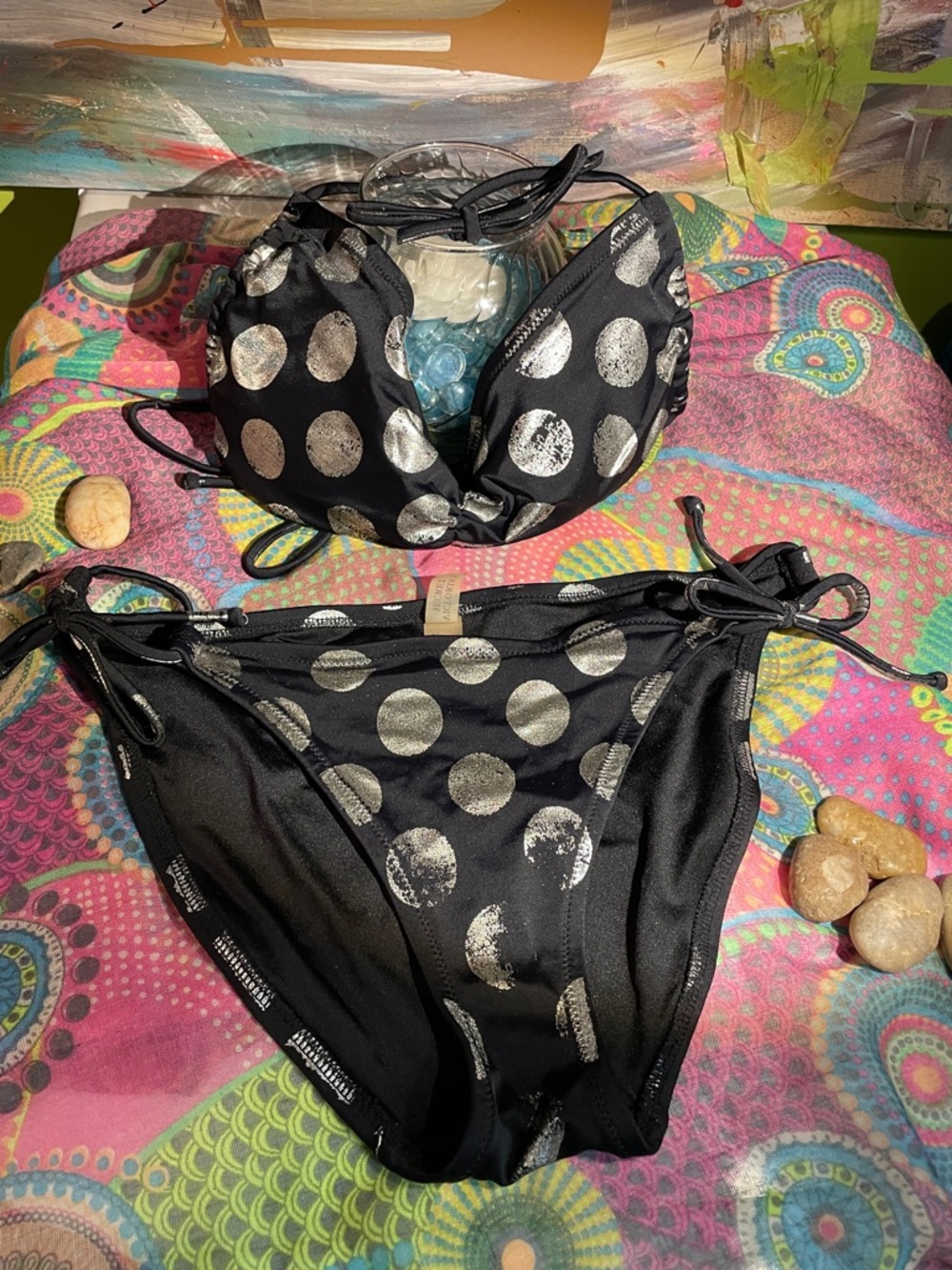 Victoria's Secret Black Bikini with Metallic Silver Polka Dots